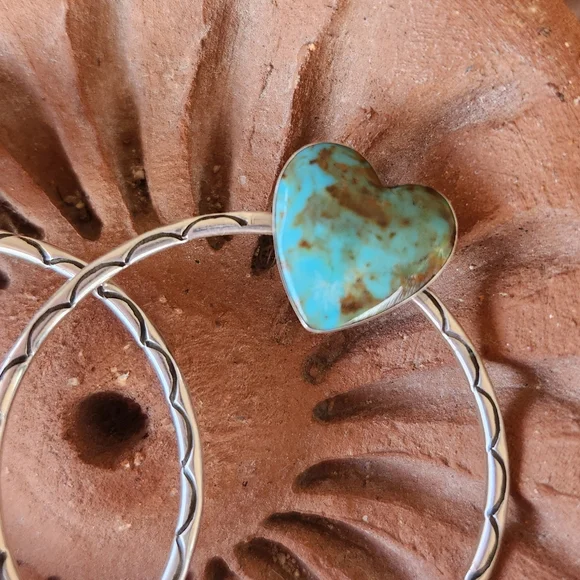 Native American Sterling Silver Turquoise Large Heart Stamped Hoop Earrings - Picture 4 of 7